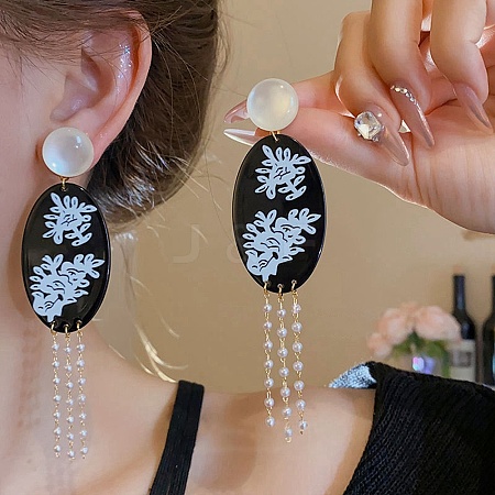 Alloy & Resin Pearl Tassel Stud Dangle Earrings EJEW-G466-04G-1
