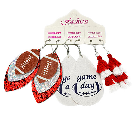 3 Pairs Alloy Imitation Leather Rugby Dangle Earrings FS-WG65883-11-1
