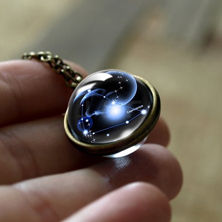 Double Glass Round with Constellation Pendant Alloy Chain Necklaces WG188F6-06-1
