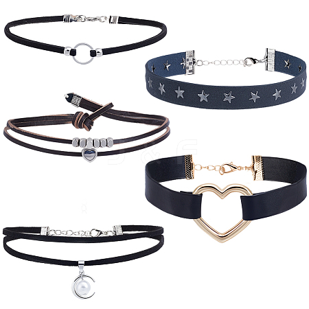 5Pcs 5 Styles Alloy Pendant Imitation Leather Cord Layer Necklaces NJEW-CL0005-15-1