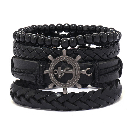 4Pcs 4 Styles Wood Beads Stretch Braceletas & Alloy Artificial Leather Cord Bracelet Sets for Men FS-WG9743B-08-1