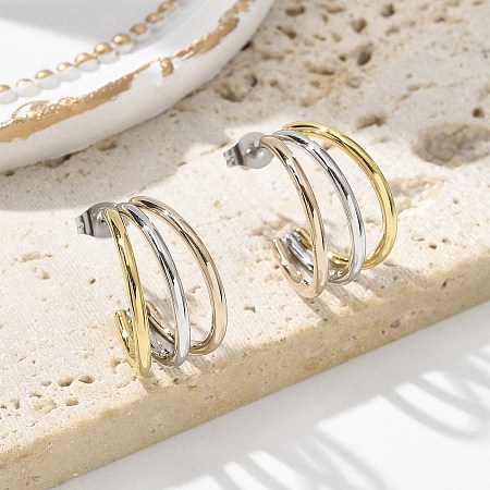 304 Stainless Steel Triple C-Shaped Stud Earrings for Women EJEW-C096-68M-02-1