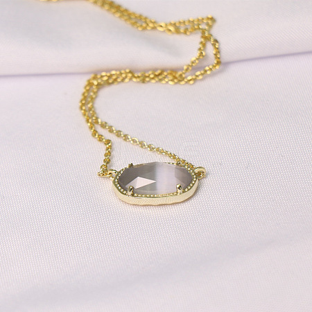 Brass Pave Gray Cat Eye Faceted Oval Pendant Necklaces for Women WG13C77-01-1