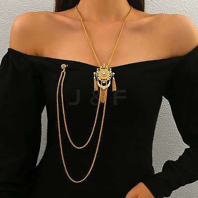 Vintage Gothic Style Brass Pave Cubic Zirconia Flower Long Tassel Lariat Necklace Brooch for Women GO0016-1-1