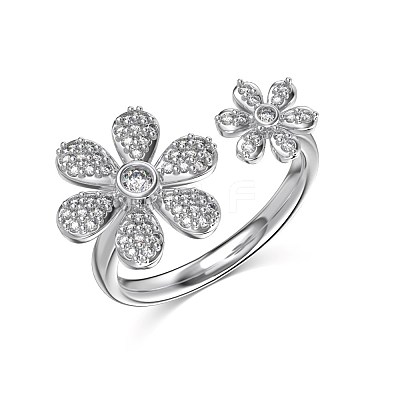 Flower Rhodium Plated 925 Sterling Silver Micro Pave Clear Cubic Zirconia Open Cuff Rings for Women RJEW-Q816-04P-1
