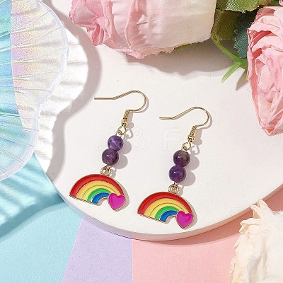 Rainbow Alloy Enamel & Natural Amethyst Dangle Earrings for Women EJEW-JE05923-1