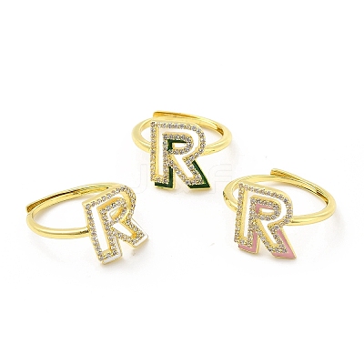 Mixed Color Enamel Initial Letter Adjustable Ring with Clear Cubic Zirconia RJEW-P045-01G-R-1