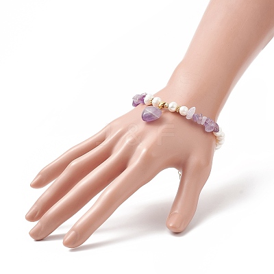 4Pcs 4 Style Natura Mixed Gemstone & Shell Beaded Bracelets Set with Heart Charms for Women BJEW-TA00242-1