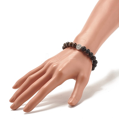 Natural Bronzite & Lava Rock Round Beads Stretch Bracelet BJEW-JB07457-1