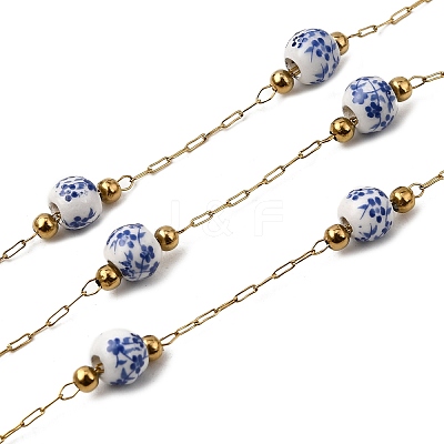 Handmade 304 Stainless Steel Porcelain Beaded Round with Flower Pattern Link Chains CHS-L032-15G-01-1