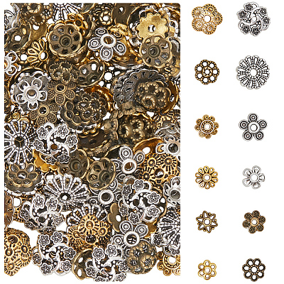 360Pcs 12 Styles Tibetan Style Alloy Bead Caps TIBE-SC0002-30-1