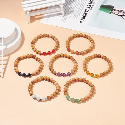 7Pcs 7 Style Natural Wood & Mixed Gemstone Round Beaded Stretch Bracelets Set BJEW-JB08813-1