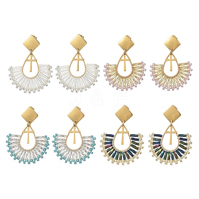 304 Stainless Steel with Glass Seed Beads Hoop Dangle Earrings EJEW-MZ00824-1