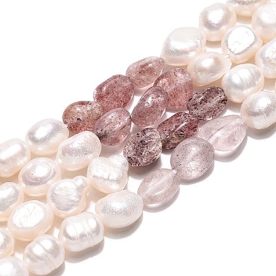 Natural Strawberry Quartz Nuggets & Natural Cultured Freshwater Pearl Beads Strands PEAR-N023-01A-13-1