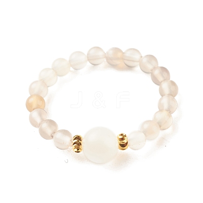 Natural Grey Agate Round Beaded Stretch Ring with Moonstone RJEW-JR00440-02-1