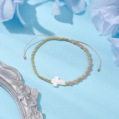 3mm Round Faceted Natural Sunstone & Seed Beads Braided Bead Bracelets BJEW-JB10594-02-1