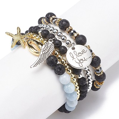 5Pcs 5 Style Natural Lava Rock & Natural Quartz & Synthetic Hematite Stretch Bracelets Set BJEW-JB08739-1