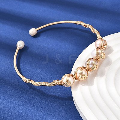 Brass Wire Wrapped Natural  Pearl Cuff Bangles for Women BJEW-D453-06G-1