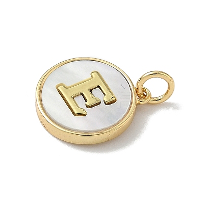 Brass Pave Natural Shell Flat Round with Letter Charms KK-Z115-13G-E-1