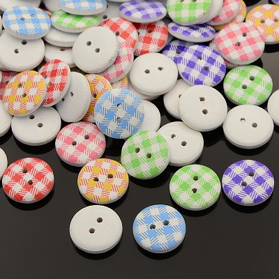 2-Hole Flat Round Tartan Pattern Printed Wooden Sewing Buttons BUTT-M006-M-1