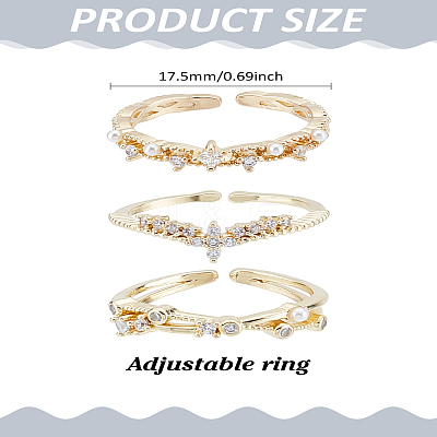 3Pcs 3 Styles Brass & Rhinestone & ABS Imitation Pearl Cuff Rings for Women RJEW-LP0010-02-1