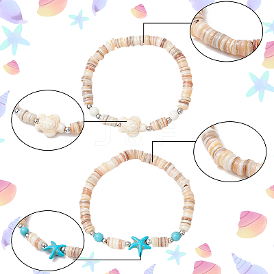 4Pcs 2 Styles Starfish & Tortoise Natural Freshwater Shell with Synthetic Turquoise Beads Stretch Bracelets for Men Women BJEW-PA0001-05-1
