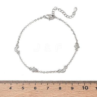 Brass Micro Pave Clear Cubic Zirconia Moon Star Link Chain Bracelets KK-CBA6980-28P-1