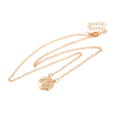 Brass Pave Clear Cubic Zirconia Cable Chain Bees Hexagon Pendant Necklaces for Women NJEW-U006-02B-KCG-1