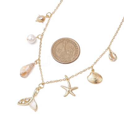 Summer Beach Brass Clear Cubic Zirconia & Shell Pearl & Spiral Shell Bib Necklaces NJEW-TA00182-1