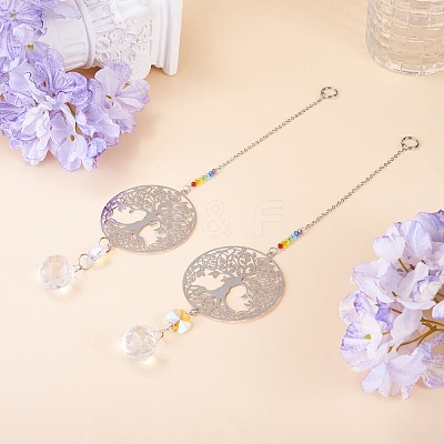 2Pcs 201 Stainless Steel Tree of Life Shape & Rainbow Crystal Glass Hanging Suncatcher HJEW-TA00446-1