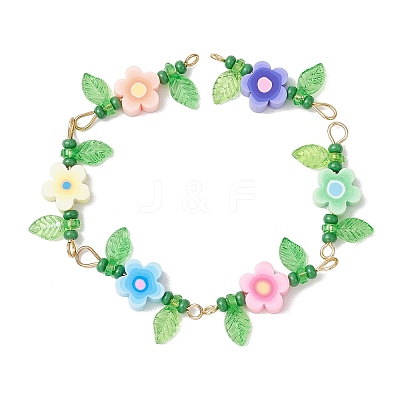 6Pcs 6 Styles Handmade Polymer Clay Flower & Glass Seed Beaded Connector Charms PALLOY-MZ00801-1