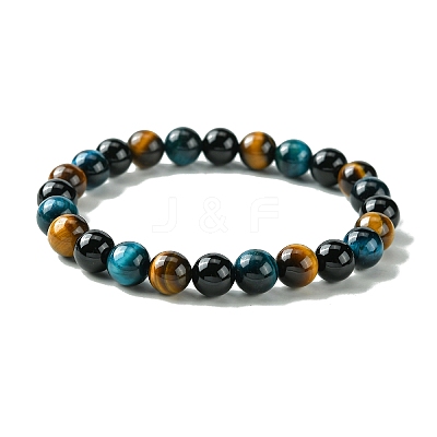 Dyed Natural Tiger Eye & Black Onyx Round Beaded Stretch Bracelets for Women BJEW-TA00438-1