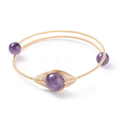 Natural Amethyst Round Beaded Bangle BJEW-JB07816-03-1