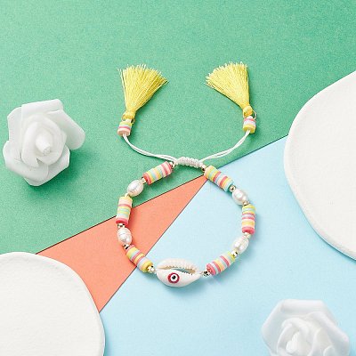 Natual Shell with Evil Eye & Pearl Braided Bead Bracelet BJEW-TA00049-01-1