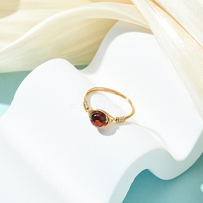 Copper Wired Natural Amber Finger Rings for Women RJEW-JR01052-02-1