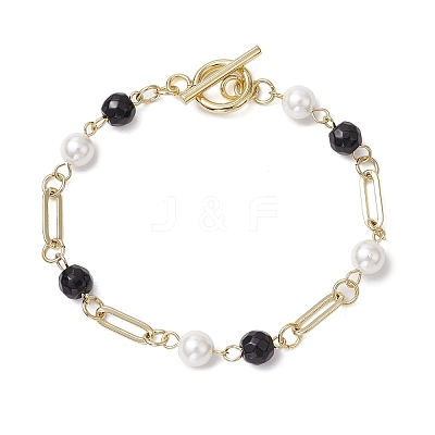Shell Pearl Beads & Black Stone Link Bracelets BJEW-JB11270-1