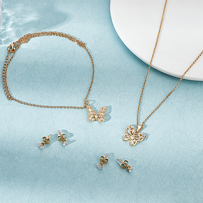 2 Sets 2 Styles Clear Cubic Zirconia Stud Earrings & Butterfly Pendant Necklaces Set SJEW-HY0001-01-1