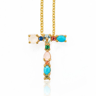 Golden Brass Micro Pave Cubic Zirconia Initial Pendants Necklaces NJEW-S069-JN002-T-1
