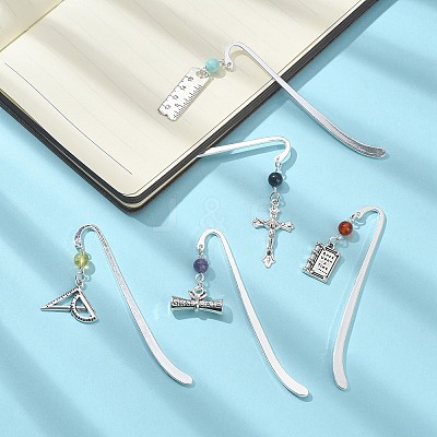 5Pcs 5 Style Cross Ruler Scroll Alloy Pendant Bookmark AJEW-TA00013-1