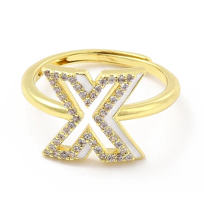 Mixed Color Enamel Initial Letter Adjustable Ring with Clear Cubic Zirconia RJEW-P045-01G-X-1