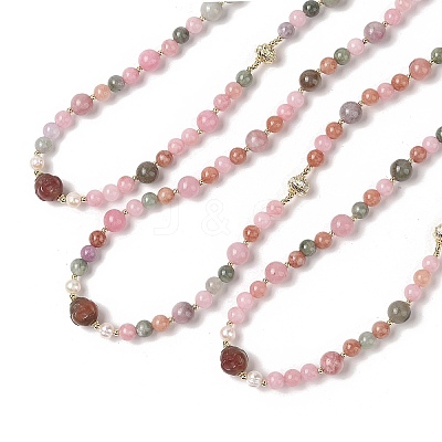 Natural Agate & Pearl &  Natural Rose Quartz Beaded Necklaces NJEW-L119-08G-1