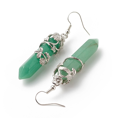Natural Green Aventurine Bullet with Flower Dangle Earrings EJEW-G300-02P-07-1