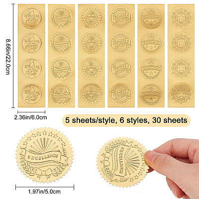 30 Sheets 6 Style Plastic Self Adhesive Gold Foil Embossed Stickers DIY-CP0006-33-1