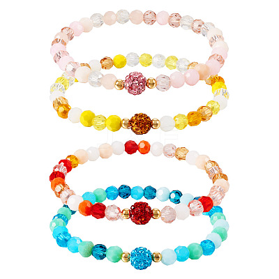 4Pcs 4 Style Glass Faceted Round Beaded Stretch Bracelets Set BJEW-TA0001-16-1