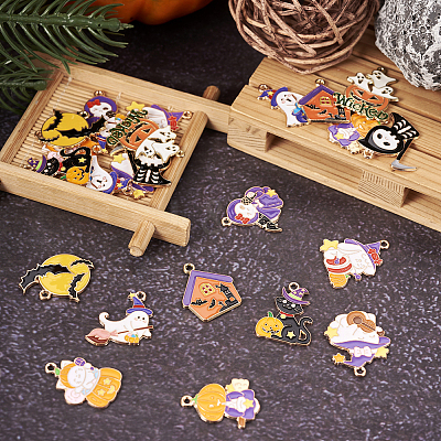 24Pcs 12 Style Halloween Theme Alloy Enamel Pendants ENAM-TA0001-51-1