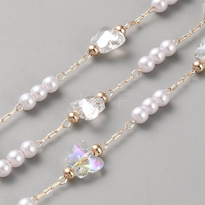 Brass Glass Butterfly and Plastic Imitation Pearl Beaded Chains CHC-TAC0011-03G-1