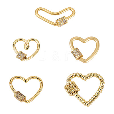 5Pcs 5 Style Brass Micro Pave Clear Cubic Zirconia Screw Carabiner Lock Charms ZIRC-TA0002-17-1
