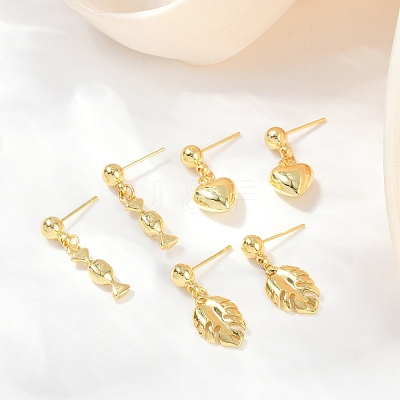 Heart & Leaf & Candy Brass Dangle Stud Earrings EJEW-Z115-03G-1