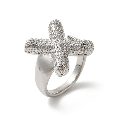 Letter Brass Micro Pave Clear Cubic Zirconia Open Cuff Ring for Women RJEW-N046-03X-P-1
