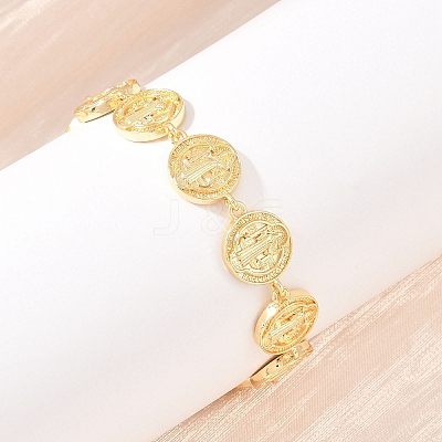 Flat Round with Saint Benedict Brass Link Chain for Women BJEW-K248-06A-G-1